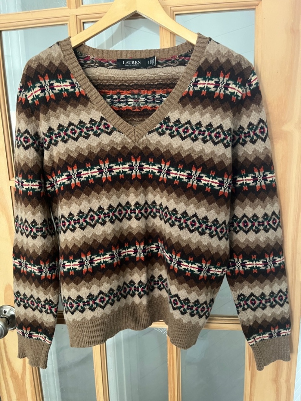 Lauren Ralph Lauren Brown Aztec Fair Isle V-Neck Wool Sweater Sz large